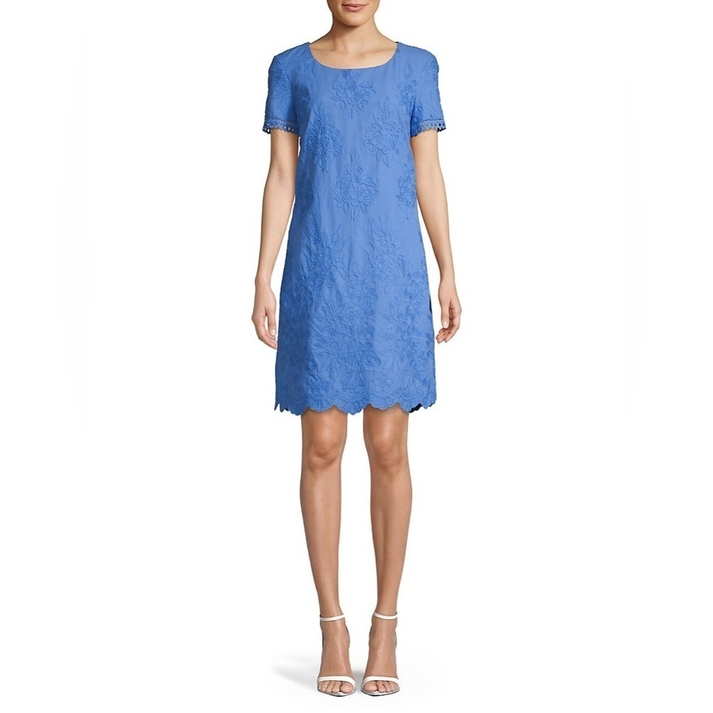 Karl Lagerfeld Tropical Blue Embroidered Cotton Short Sleeve Shift Dress Size 2
